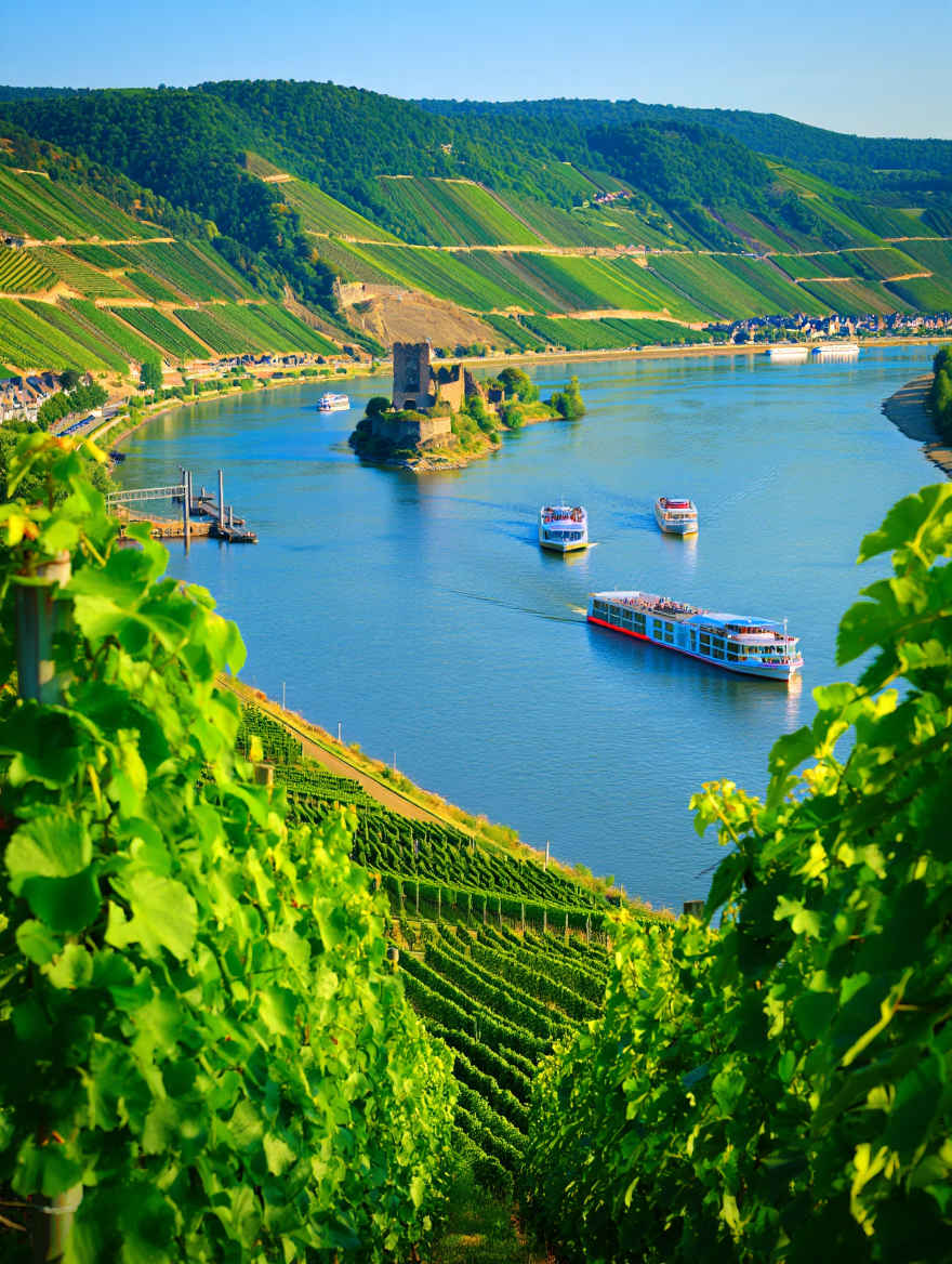 Romantisches Rheintal mit Weinbergen und Burgen